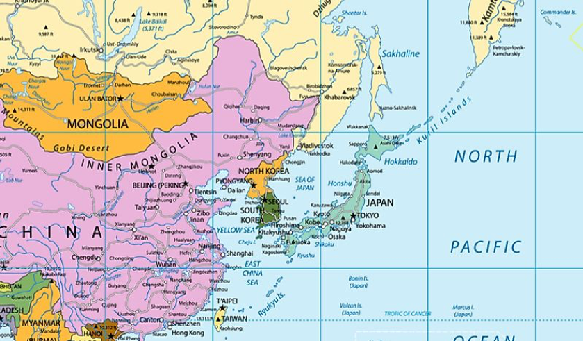 Карта южного востока. East-North Asia Map. Китай на карте Восточная Азия. Китай Корея Япония на карте. Корея и Япония на карте.
